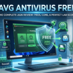 AVG AntiVirus FREE 2026 Review dashboard on a Windows PC screen showing malware shields and firewall