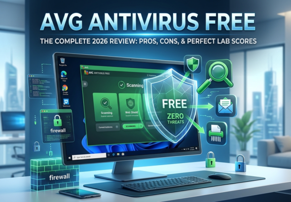 AVG AntiVirus FREE 2026 Review dashboard on a Windows PC screen showing malware shields and firewall