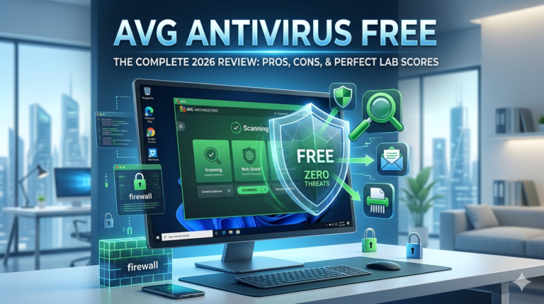 AVG AntiVirus FREE 2026 Review dashboard on a Windows PC screen showing malware shields and firewall