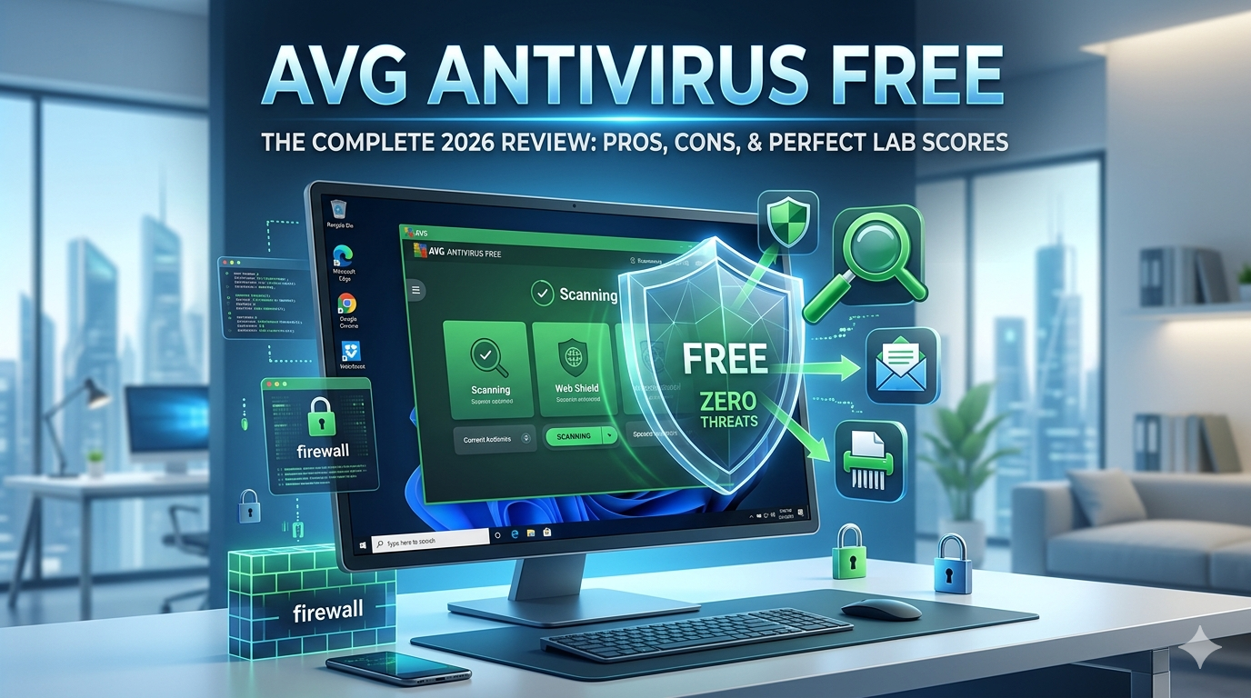 AVG AntiVirus FREE 2026 Review dashboard on a Windows PC screen showing malware shields and firewall